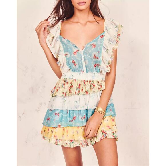 LoveShackFancy Phyllis Floral Tiered Ruffle Mini Dress Multicolor Women's Size L - Picture 1 of 6